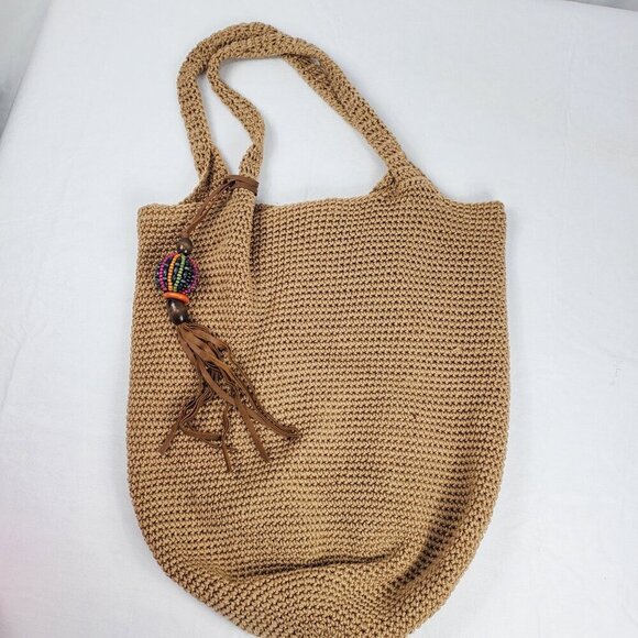 INC International Concepts Women's Beige Tote Bag Knit Beaded Double Handle - Picture 3 of 9